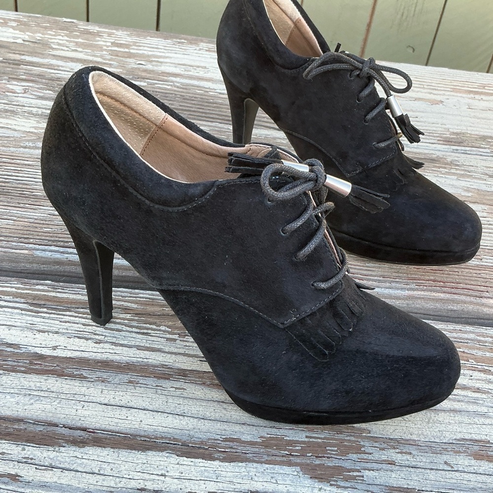 ADRIENNE VITTADINI BLACK SUEDE LEATHR PUMPS MULES OXFORD HEEL FRINGE TASSELS